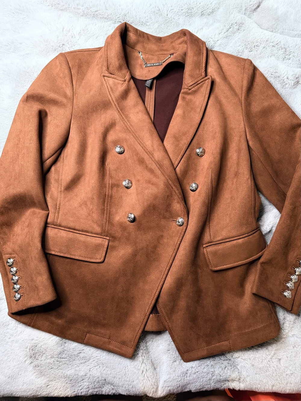 WHBM White House Black Market Faux Suede Blazer Size 12 Cognac Double Breasted